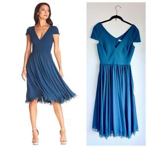 NWT Dress the Population Corey Cap Sleeve Lace & Chiffon Dress in Peacock Blue
